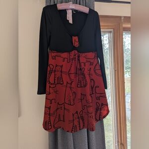 Dressfo Playful Cat Print Dress with Black Sleeves